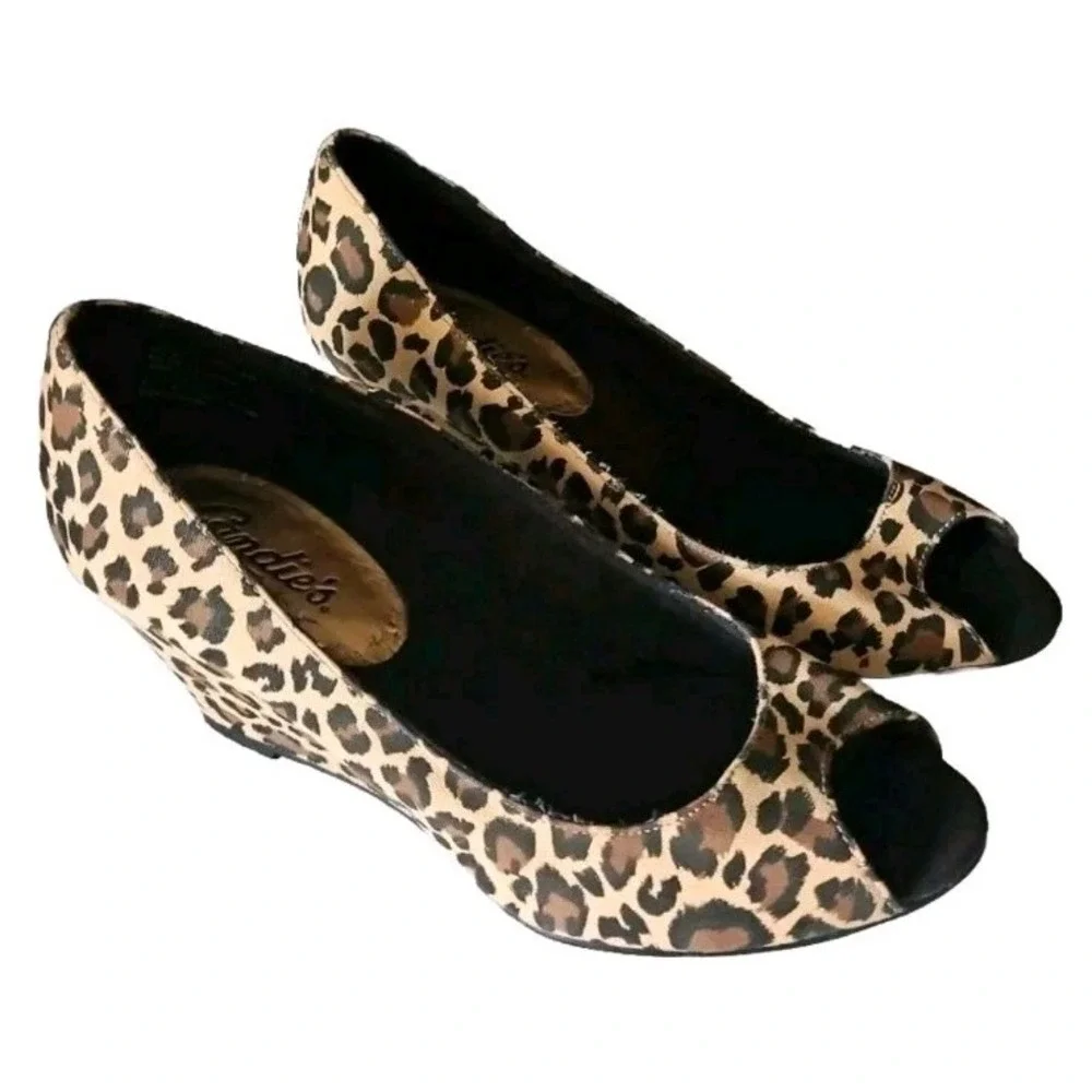 Candies Tarraa Leopard Wedge Heel Slip-on Shoe Peep Toe Women's Size 6.5 M‎